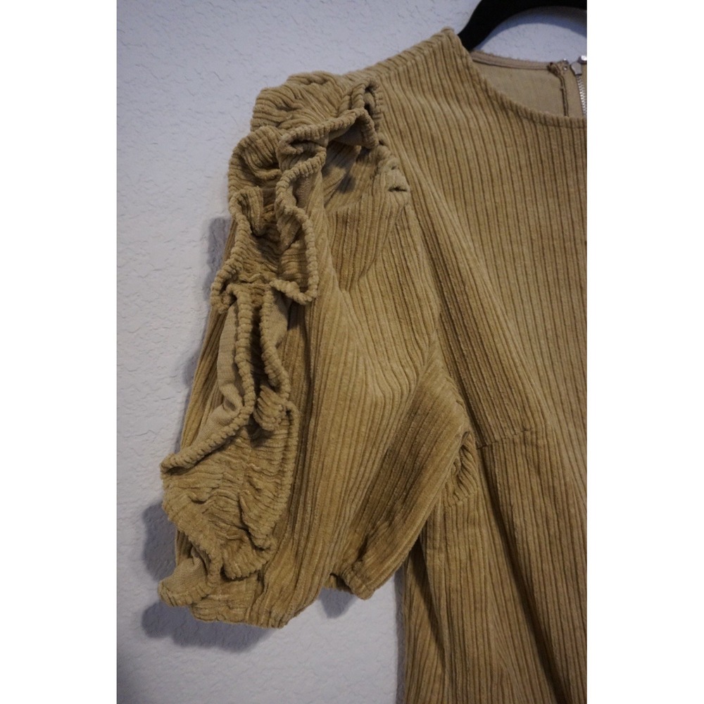 GeeGee Corduroy Ruffle Puff Sleeve Mini Dress Mustard Tan Small MD50773 - Picture 3 of 9